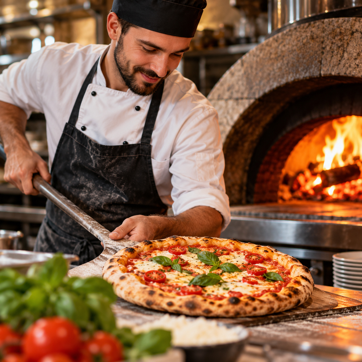 Pizzaszakács frissen sült pizzával a kemence előtt – pizzaszakács állás a vecsési Cream Caféban